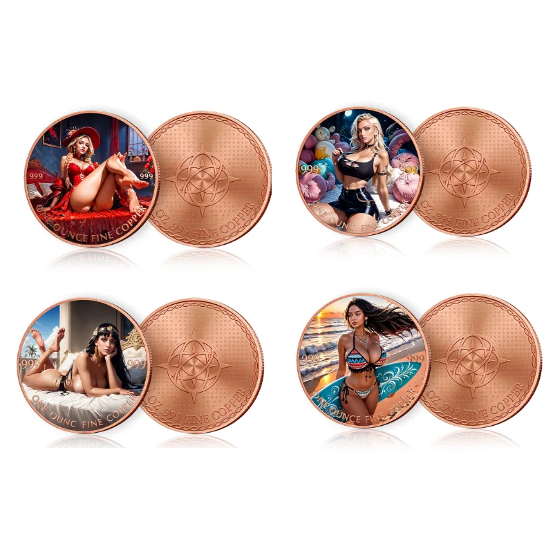 1oz .999 Copper Round Egyptian Queen Surfing Girl Coin Vintage Cleopatra Beach Bikini Retro Colorized Art Collectible Desk Gift