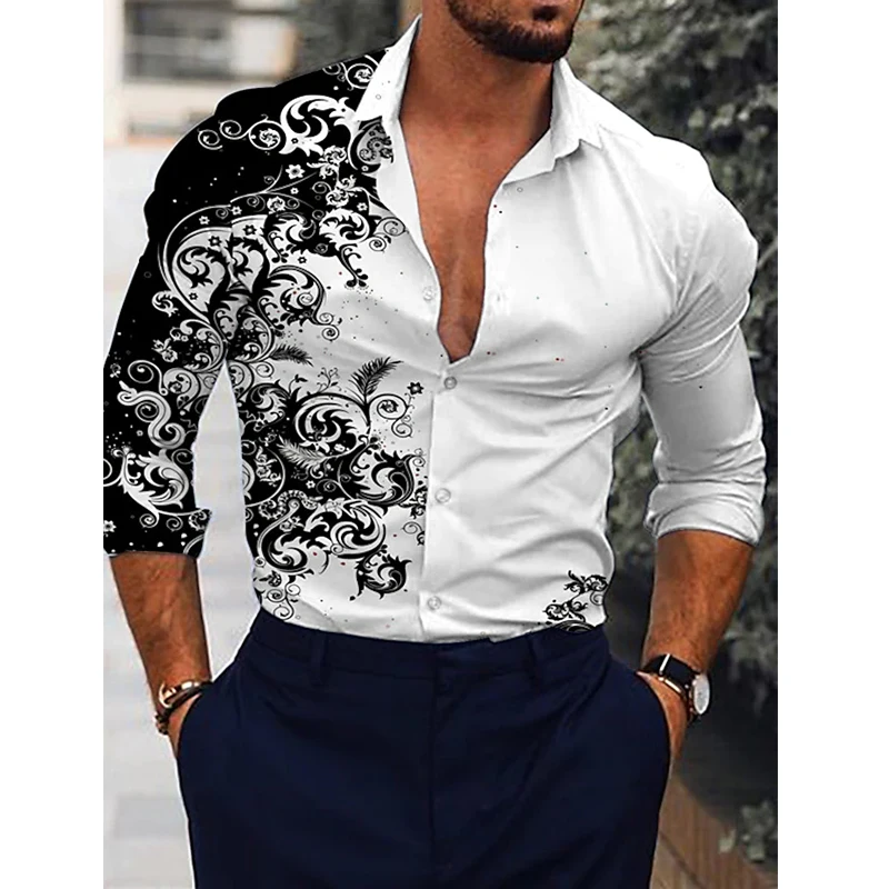Autumn Fashion Men's Oversized Casual Shirt Totem Print  Collar Nine Sleeve Length Fleece Lined Thickened Special Wide Fit