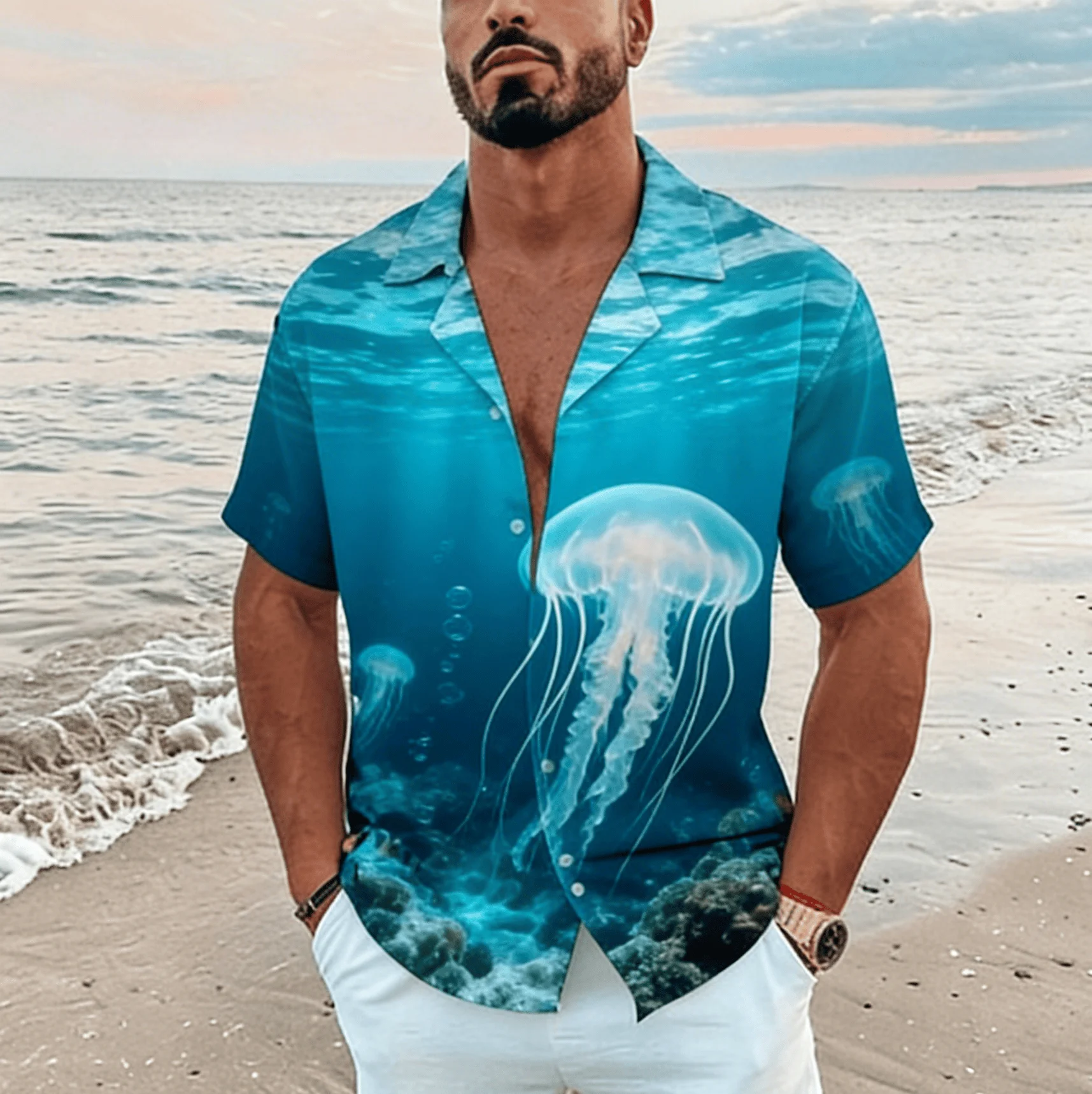 

Men's Split View Ocean Animal Print Short Sleeve Shirt, Spring Summer Marine Vacation Blouse, Loose Casual Top