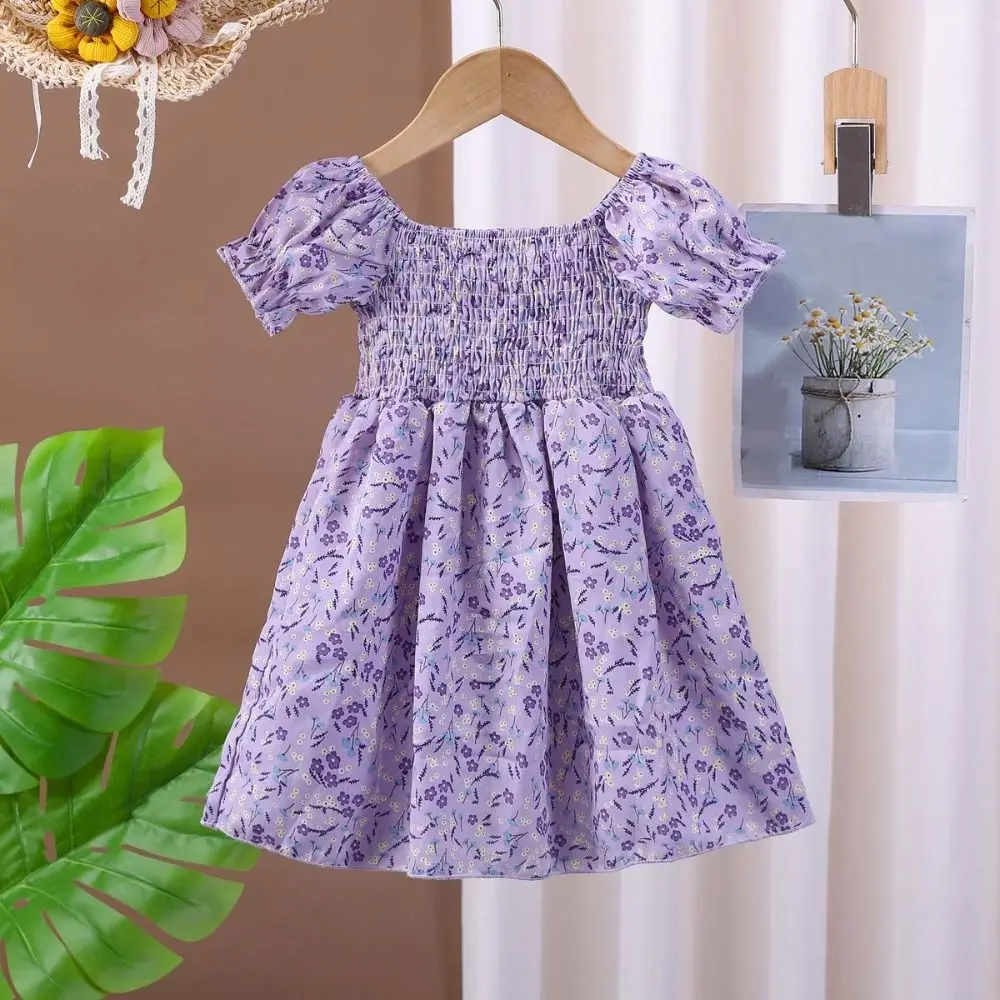 

Sweet Puff Sleeve Girls Floral Dress Square Neck Loose Summer Kids Dresses Pleated Flower Children Princess Dress Holiday