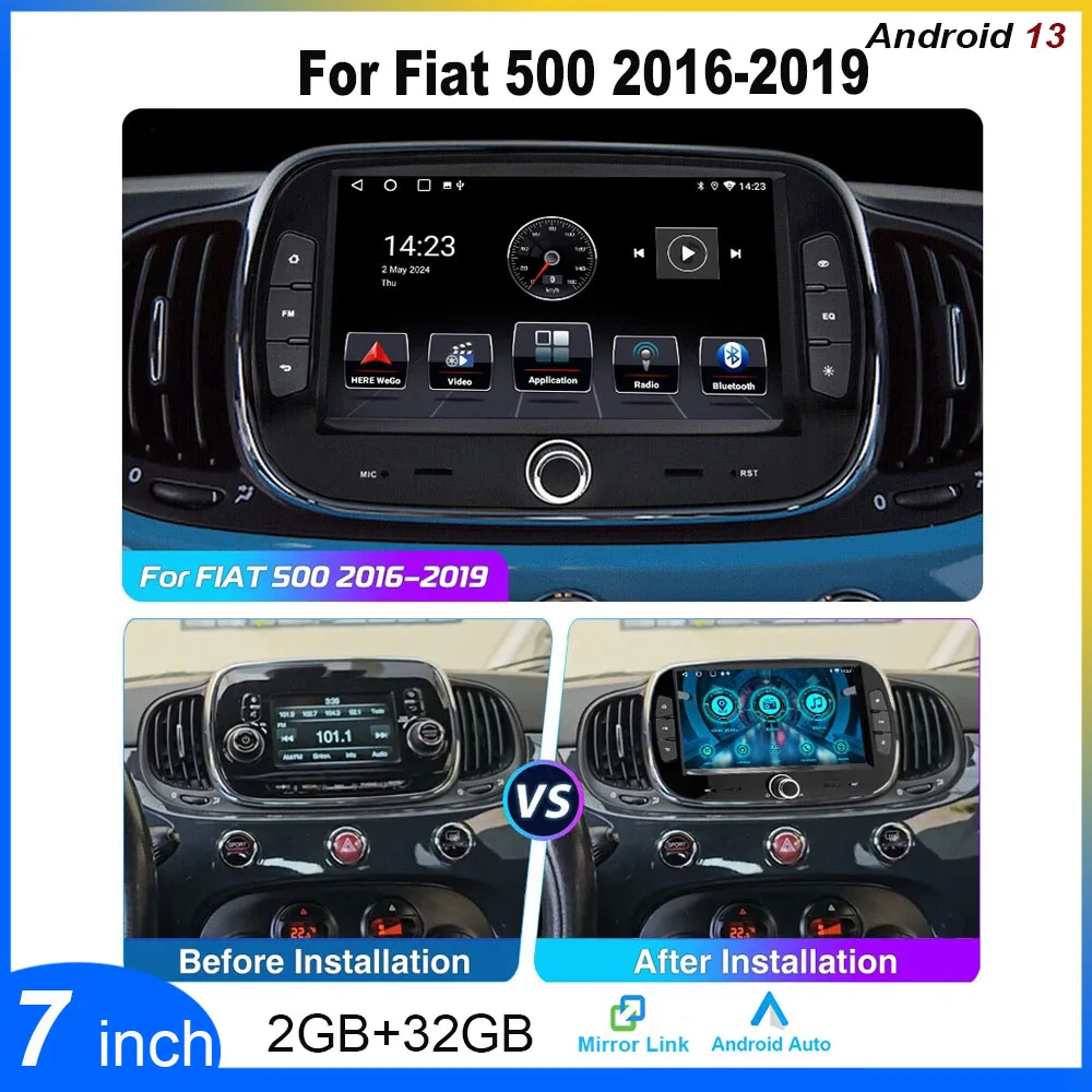 7in Android 13 Radio Estéreo para Coche Navegación GPS 2 + 32G para Fiat 500 2016-2019 apto para Carplay Android Auto Wifi FM/RDS SWC + AHD