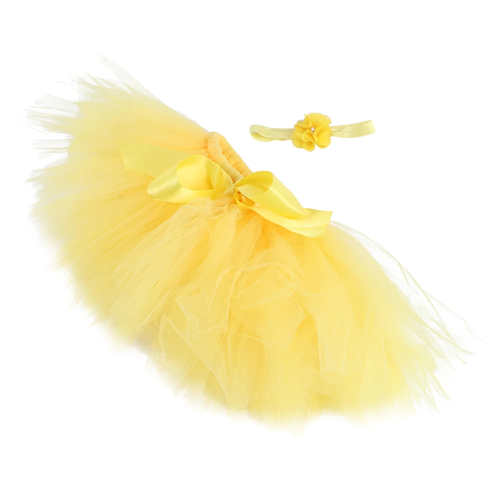 Newborn Tutu Skirt Yellow Elegant Tulle Outfit with Floral Headband for 0-12M Infants Comfortable Breathable Baby