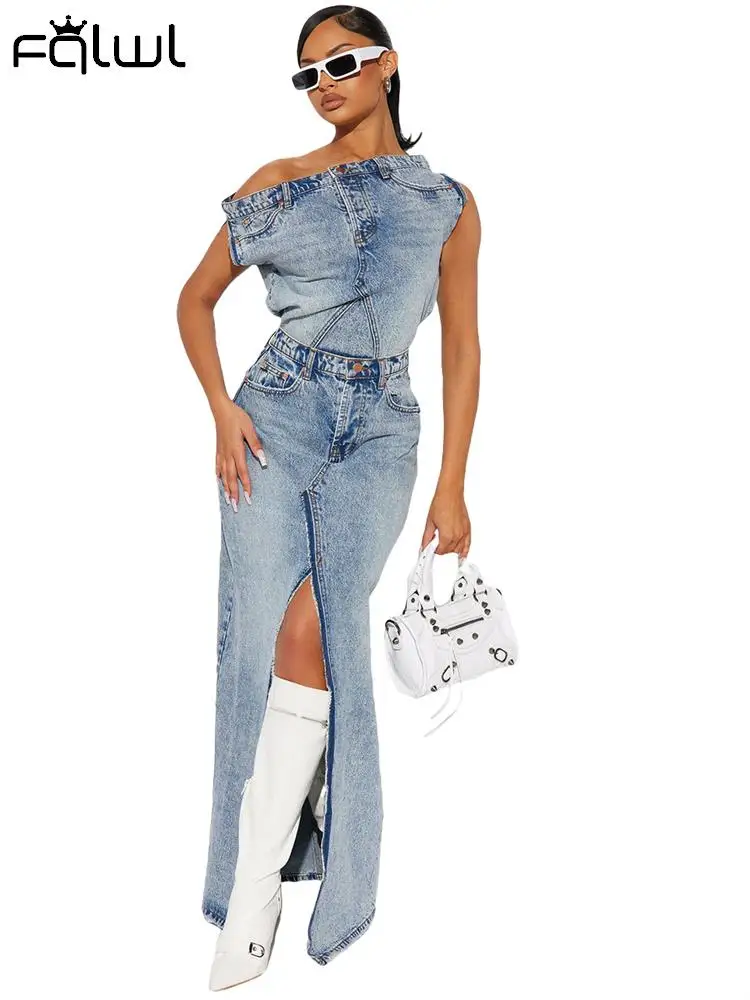 Habbris Blue Sexy Denim 2 Two Piece Split Skirt Set Party Club Outfits For Women 2023 Fall One Shoulder Bodycon Top Skirt Set