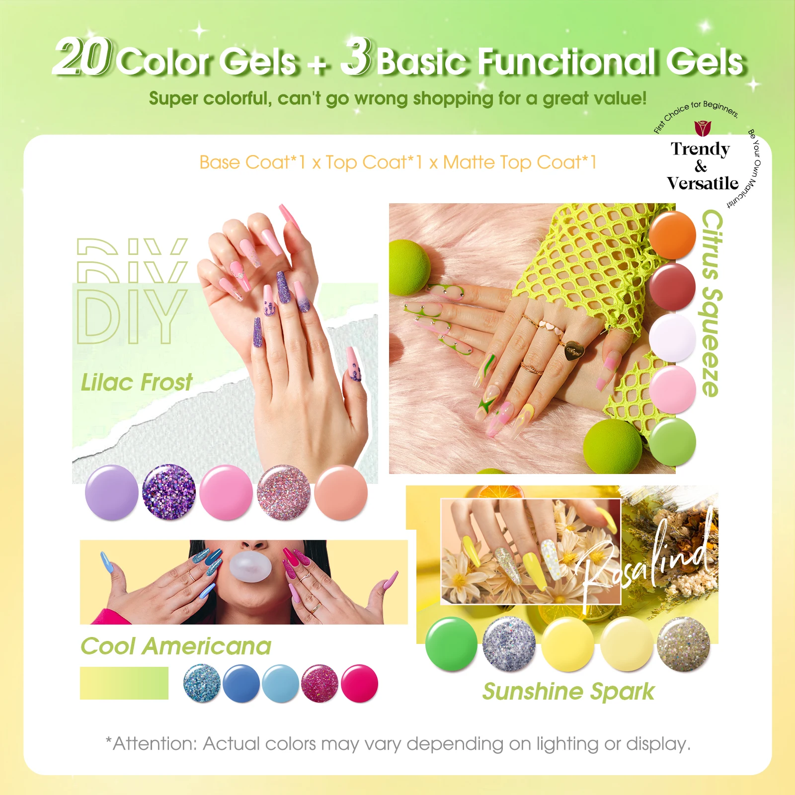 ROSALIND Zestaw Żeli do Paznokci Pure Colors, Zestaw Lakierów Hybrydowych, Baza, Top Coat, Półtrwały Lakier Hybrydowy Soak Off, 23 sztuki, Zestaw Prezentowy