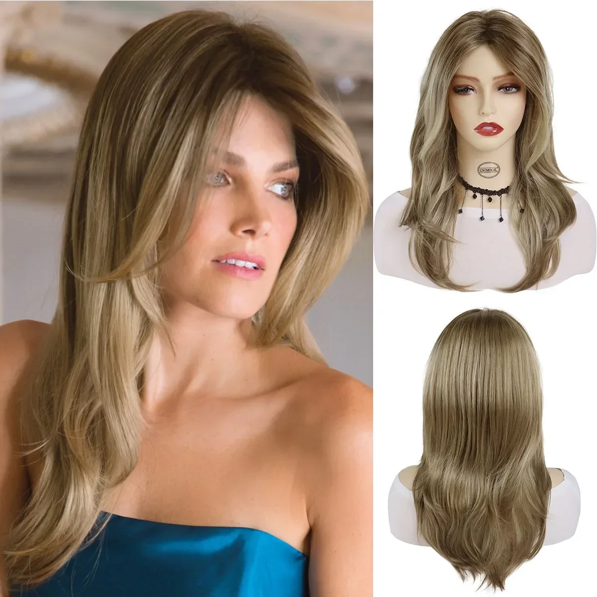 GNIMEGIL Synthetic Ombre Blonde Wig Long Straight Wig for Women Natural Layered Hairstyle Daily Party Cosplay Heat Resistant