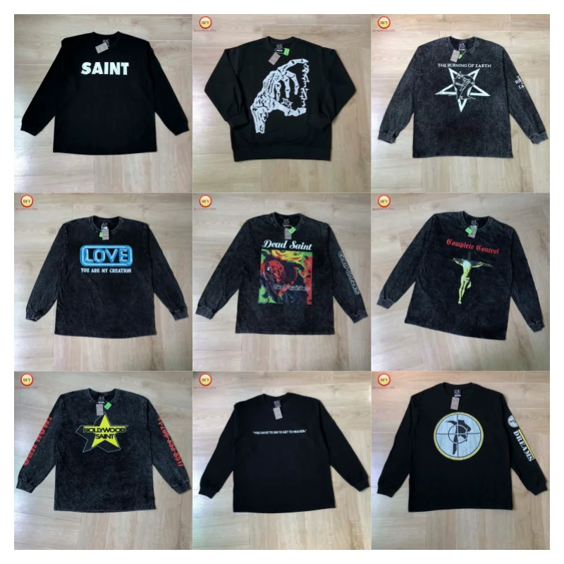 

25SS Multi-Style SAINT Футболка с длинными рукавами Премиум-качество Осенняя свободная мужская и женская повседневная футболка