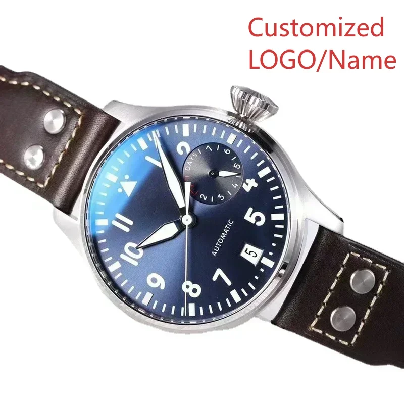 Moda sportiva nuovissimo orologio automatico per grandi piloti in acciaio inossidabile quadrante nero blu orologio meccanico in pelle marrone personalizzato