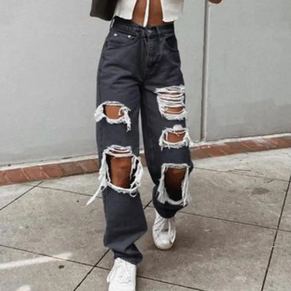 

Ins Fashion High Waisted Jeans for Women Front Buttons Up Hip Hop Ripped Black Jeans for Women Wide Leg Baggy Denim Y2k Pants