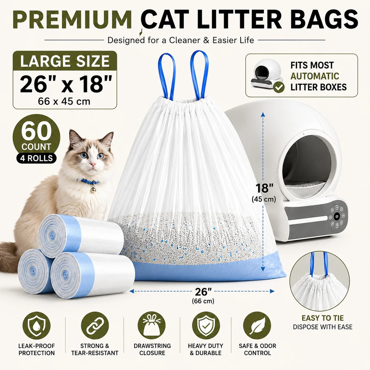 Automatic Cat Litter Box Liners 60PCS Drawstring Waste Bags Fit Most Self-Cleaning Litter Boxes 26