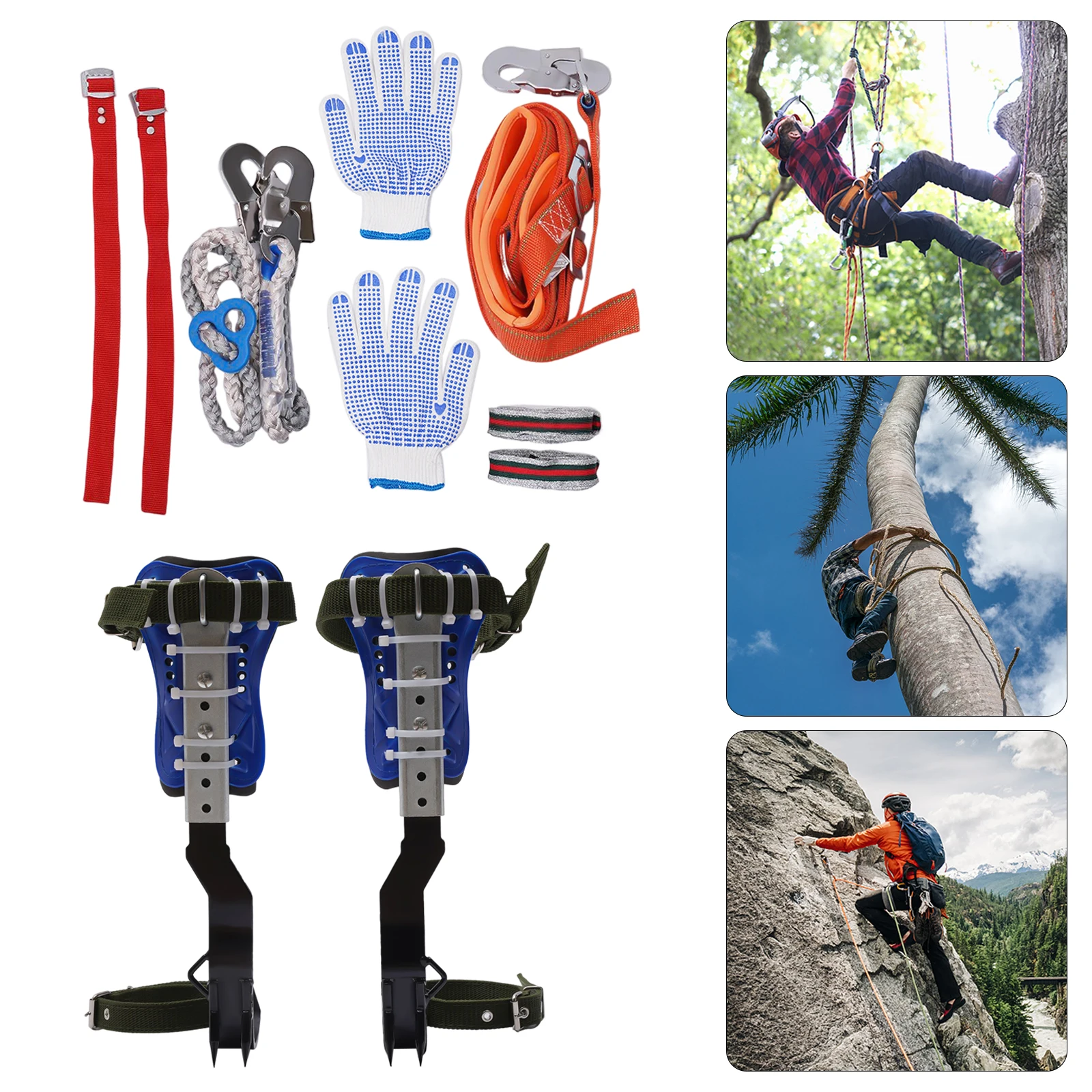 

3-Pole Climbing Spike Set Climbing Tool Set Safety Belt Straps Adjustable Lanyard Carabiner Portable