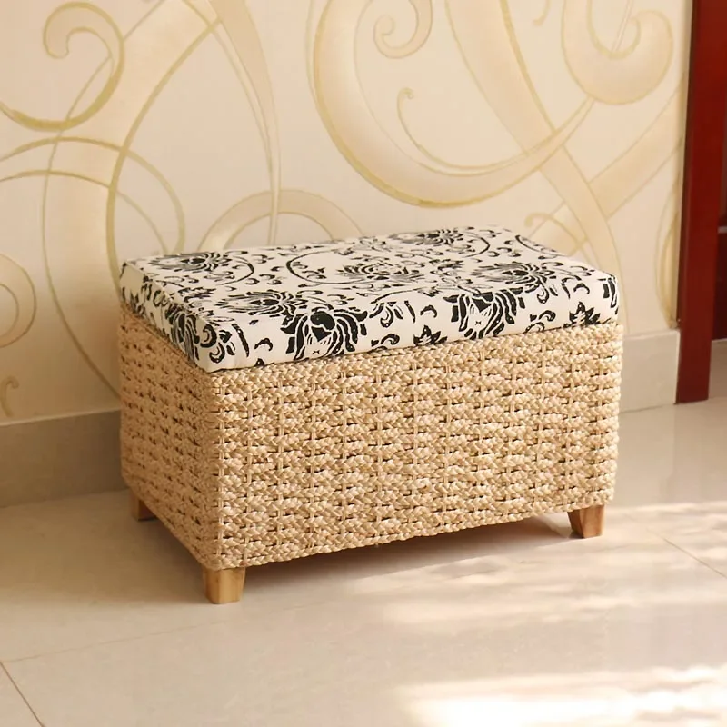 Free shipping pastoral straw storage stool, storage stool, simple rattan weaving shoe changing stool, multi-functional solid