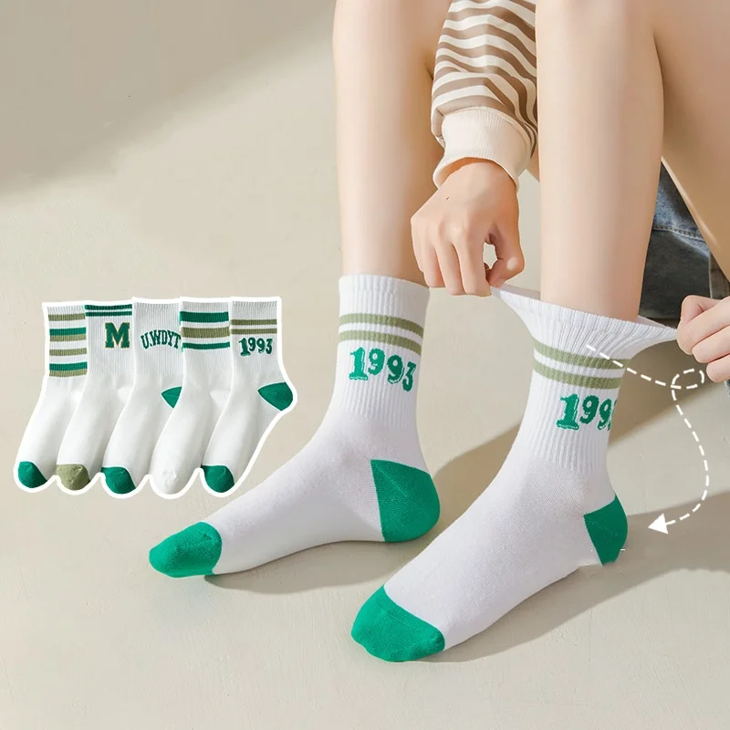 5 Pairs Women's Socks Classic Striped Letter Print Fashion Girls Cute Harajuku Socks Casual Female Cool Skateboard Socks