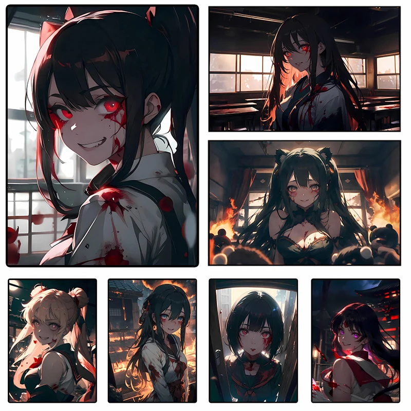 Horror Dark Evil Crazy Yandere Anime Girls Posters and Prints Canvas Printing Wall Art Picture for Living Room Home Decor Gifts