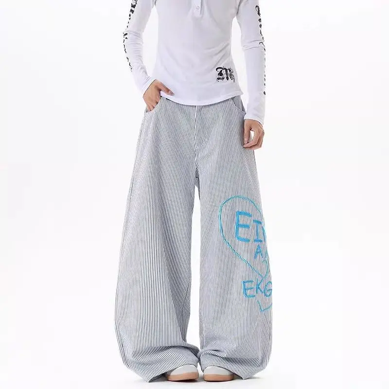 Women's Blue Embroidered Vertical Striped Sweatpants Vintage Casual Wide-leg Pants Spring Bottoms Female High Waisted Trousers