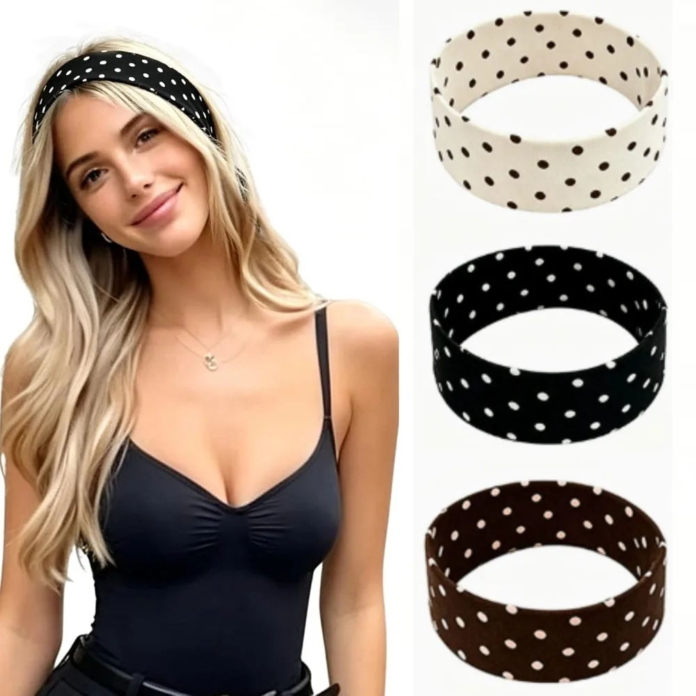 3pcs Polka Dot Yoga Elastic Headband Fashionable Dot-pattern Makeup Headband Sports & Fitness Sweat-absorbent Hairband