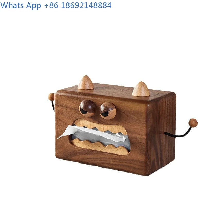 Walnut Wood Monster Tissue Box for Living Room Dining Table Cartoon Side Pull Holder Home Storage