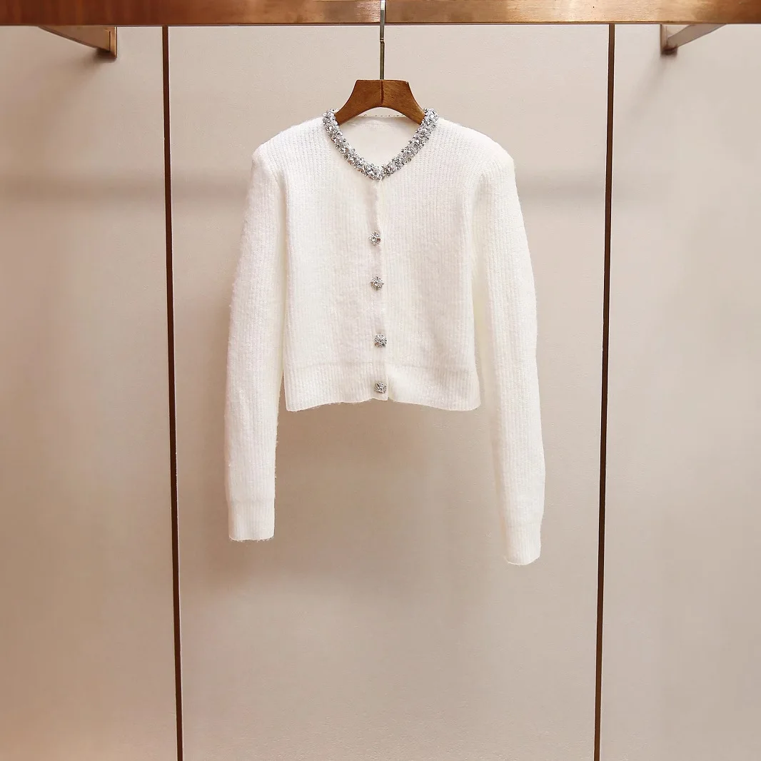 

Elegant Short Knitted Sweater with Diamond Embellishment round Neck Open Cardigan for Women Winter New Arrival Soft Fragrance...