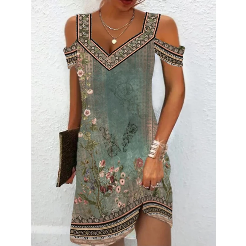 2023 Spring/Summer Women\'s Dress Casual Retro Floral Print Dresses Elegant V-neck Loose A-line Vestidos Female Commuter Pullover