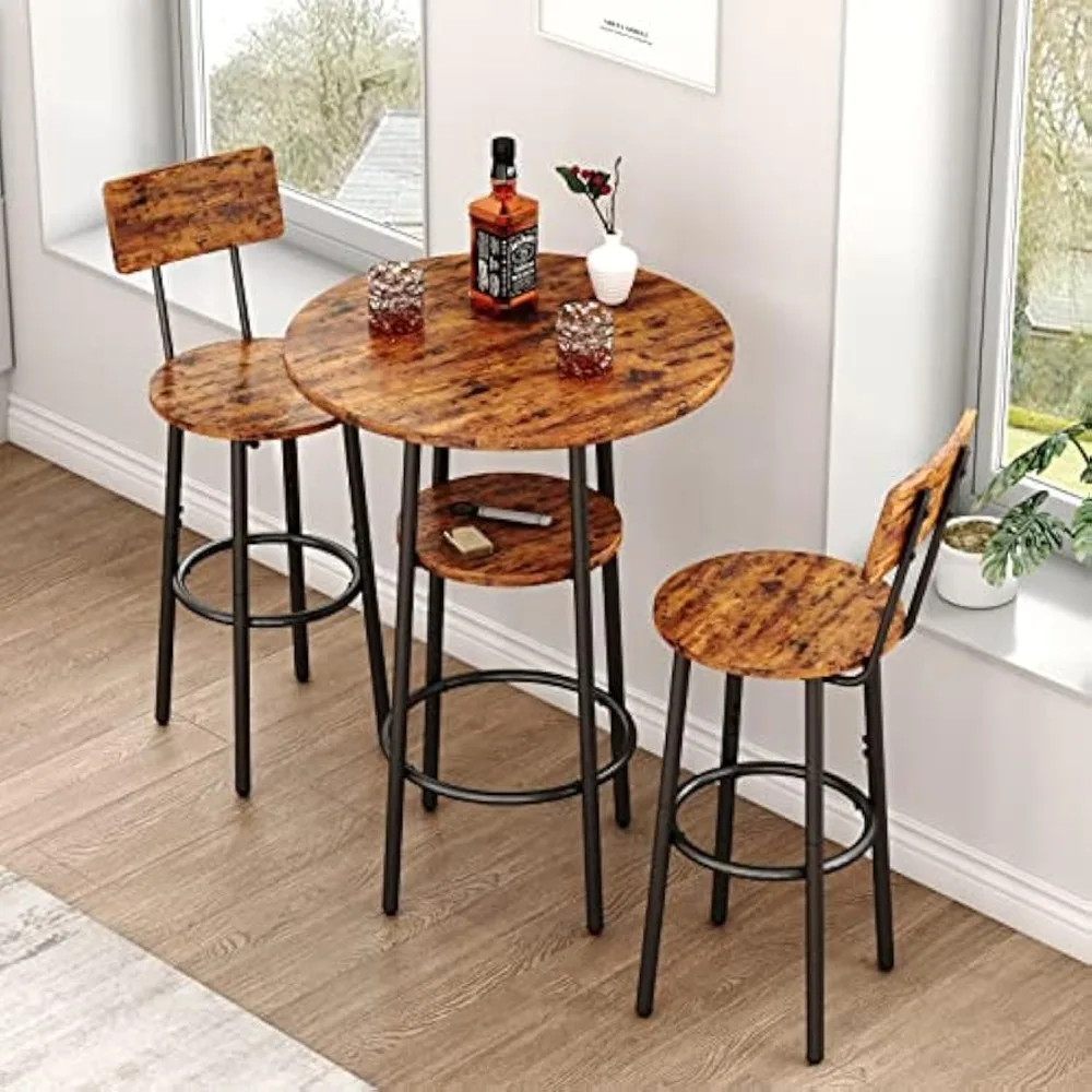

Bar Table and Chair Set for 2, 3 Piece 2-Tier Small Round Pub Table & Stools with Backrest, Counter Height High Top Bistro Set