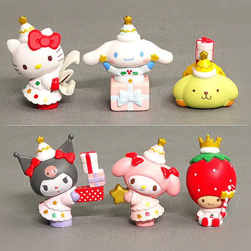 Sanrio Figuras Brinquedos para Crianças, Anime, Cinnamoroll, Kurumi, My Melody Doll, Ornamento Decorativo, Presente de Natal, Kawaii, 6 Estilos, 6Pcs