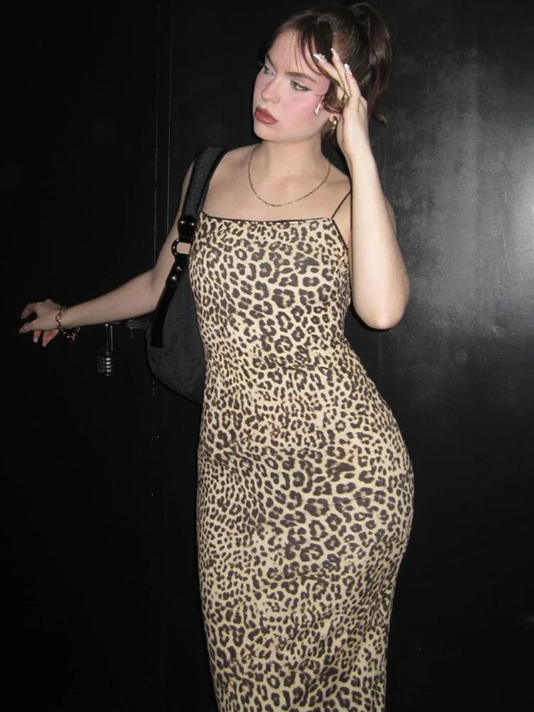 2025 Fashion Leopard Print Slips Backless Sexy Bodycon Maxi Dress Summer Women Casual Clothes Beach Party Vacation Club