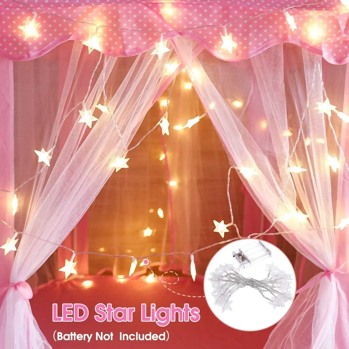 (Warm LED Star Lights) Kids Children Funny Kids Play Tent Play Fairy House Outdoor Indoor Portable Folding Princess Castle Tent