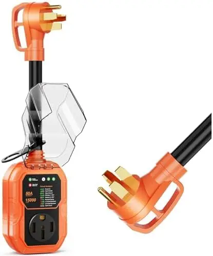

RV Surge Protector 50 Amp with 15000J Protection & Waterproof Cover – Plug & Play Adapter for Travel Trailers