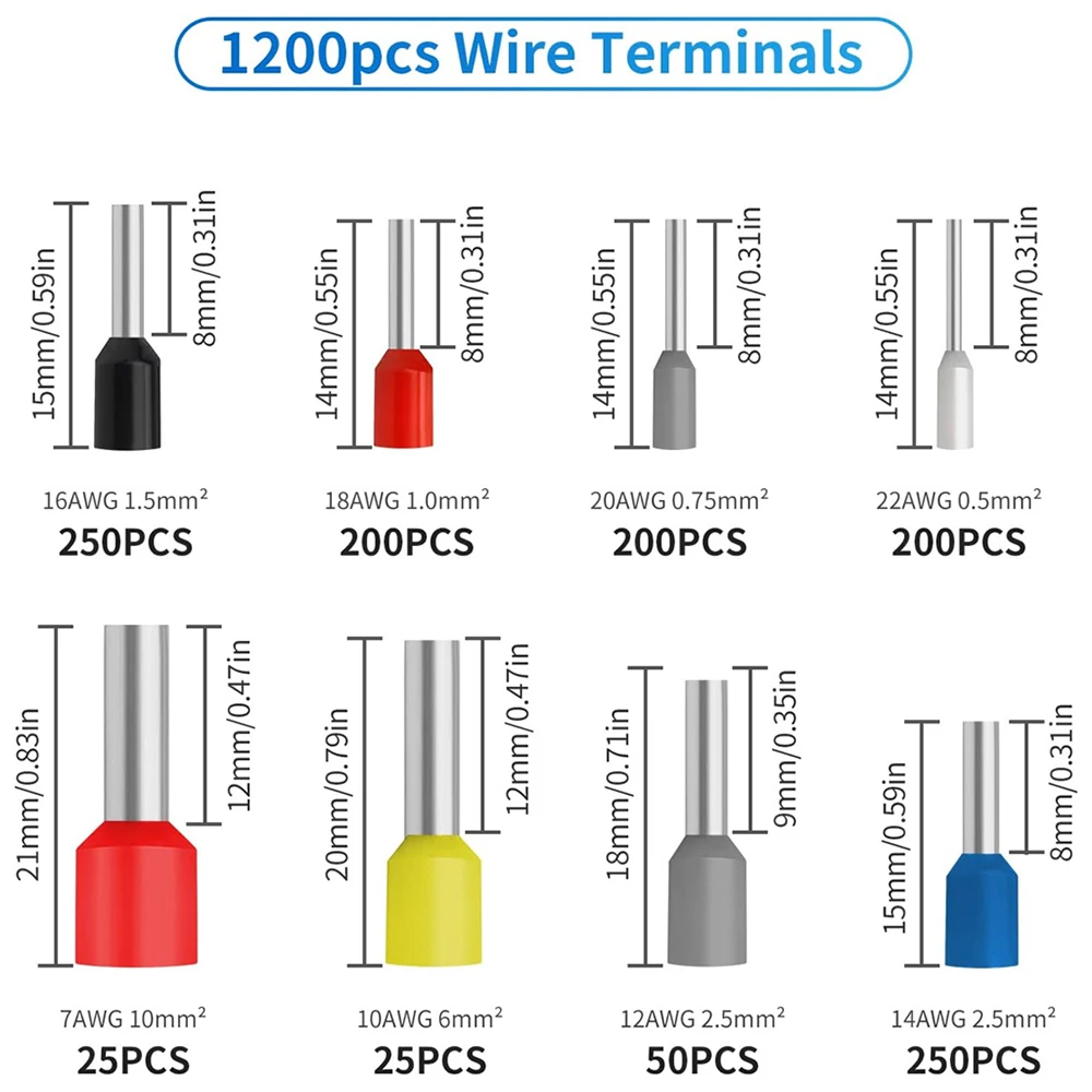 1200pcs/Box Wire Terminal Crimp Ferrule Connector Insulated Uninsulated Wire End Ferrules Tubular Terminal Crimping Pliers