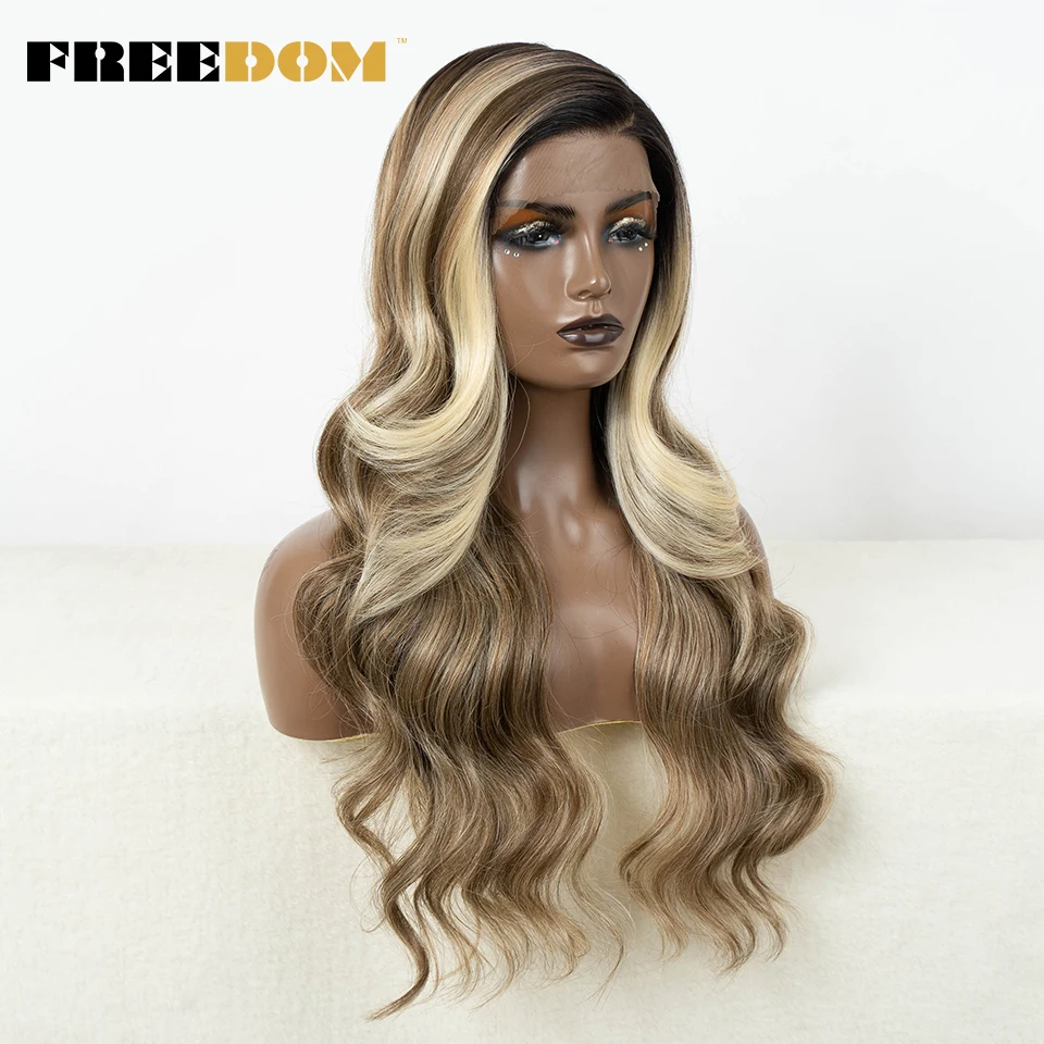 FREEDOM-peluca sintética con malla frontal para mujer, postizo de encaje con parte C, Color ombré, marrón, rosa, rojo, onda corporal, Cosplay