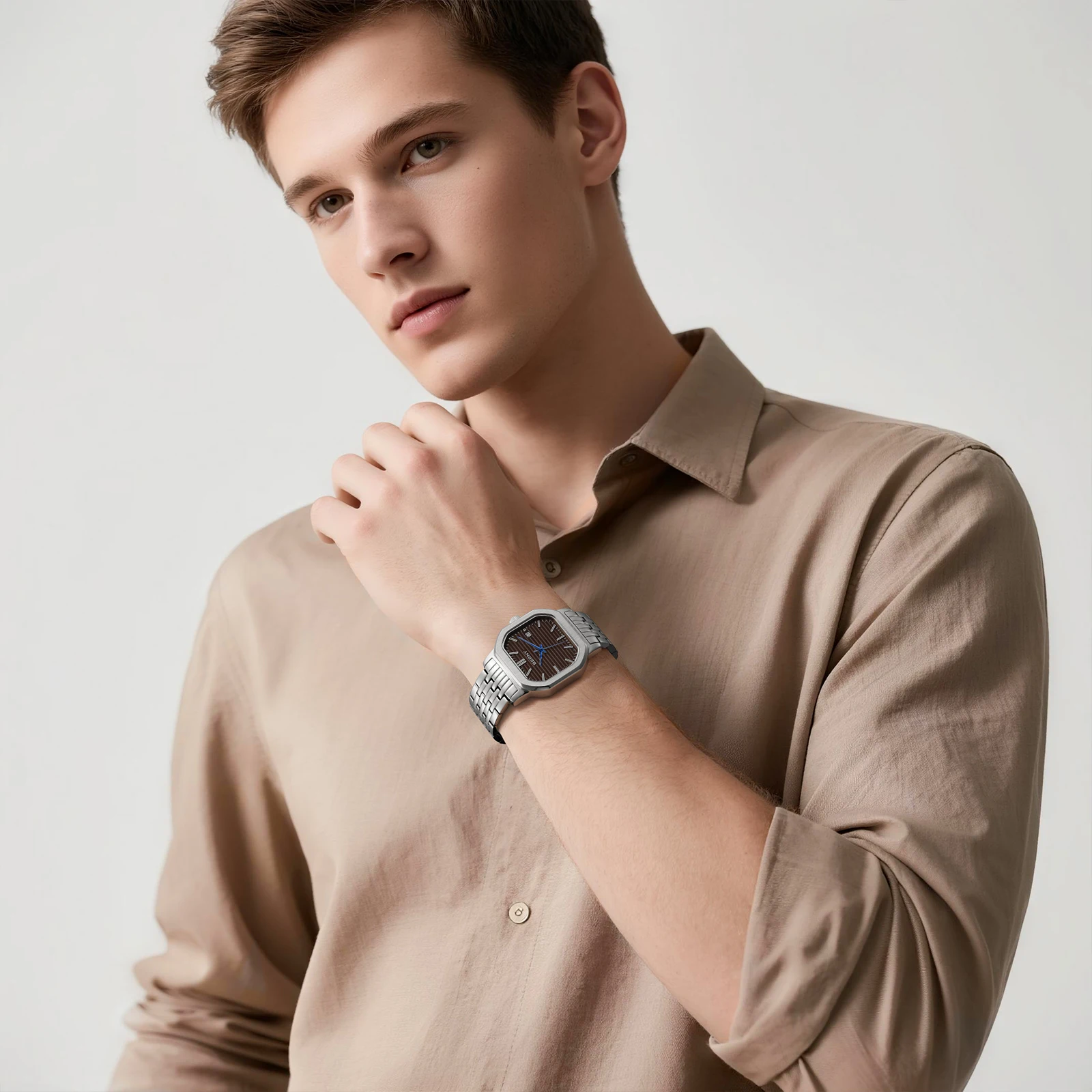 BERNY Men's  Watches Luminous Elegant Fashion Date Dress Quartz Watch Rectangle Dial Calendar Casual Business Wristwatch
