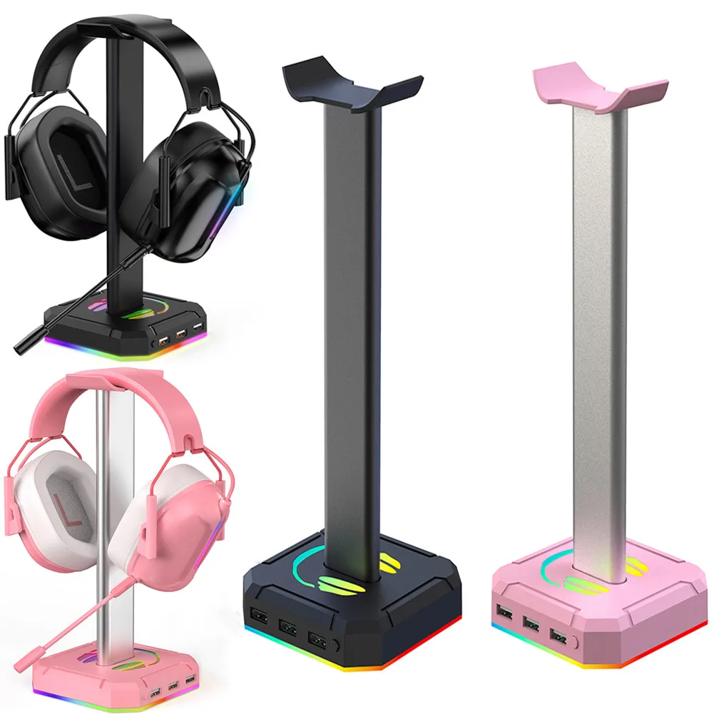 RGB Headphone Stand Gaming Headphone Stand with 3 USB 2.0 Ports Desk Bracket Earphone Holder Display Shelf Gaming PC Accessories