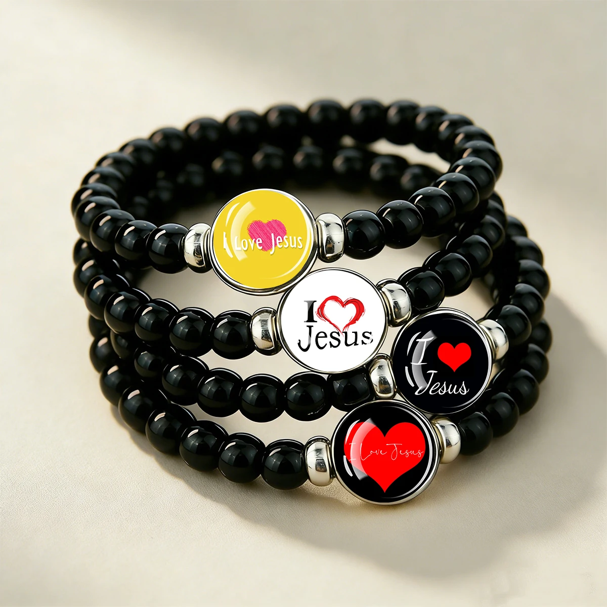I Love Jesus Beaded Bracelet for Men Women, Elastic Bangle, Christian Religious Faith Jewelry, Inspirational Gift for Prayer