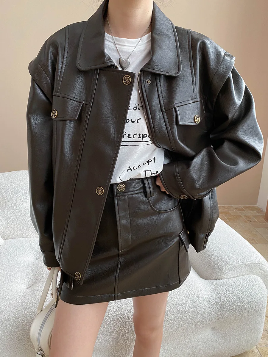 

2025 Autumn And Winter Women's Suit Casual Solid Color Lapel Long Sleeved Pocket Loose PU Jacket+high Waist Mini Skirt Set