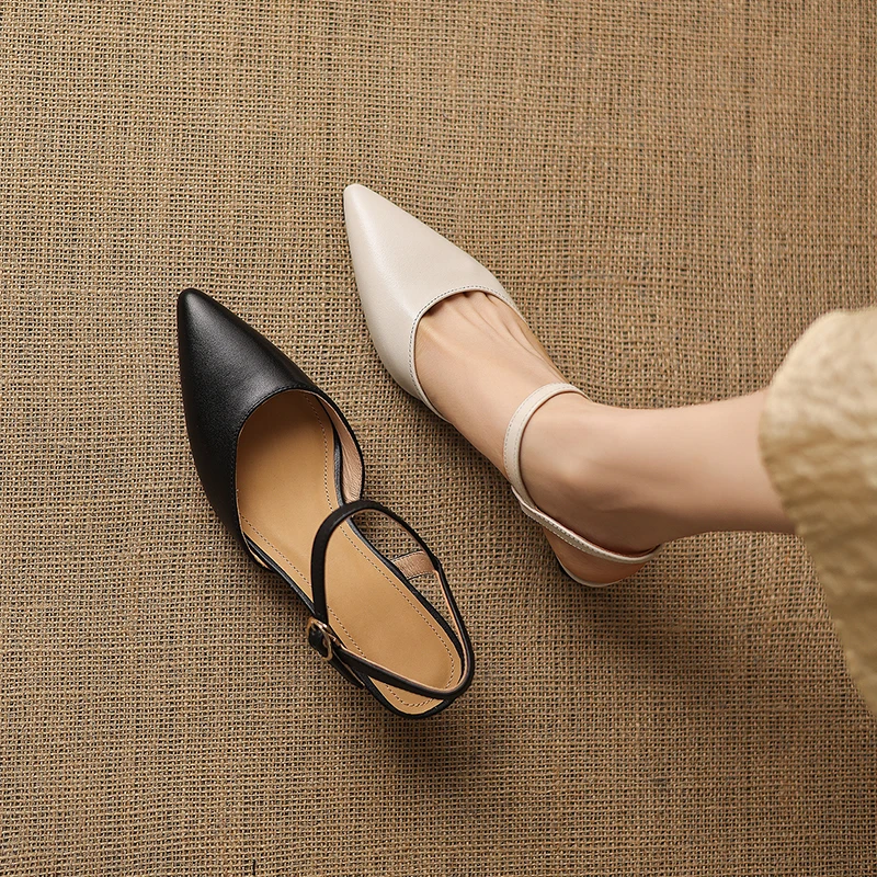 2026 new summer women sandals natural leather plus size 22-26cm cowhide+pigskin pointed toe ankle buckle women shoes fashion