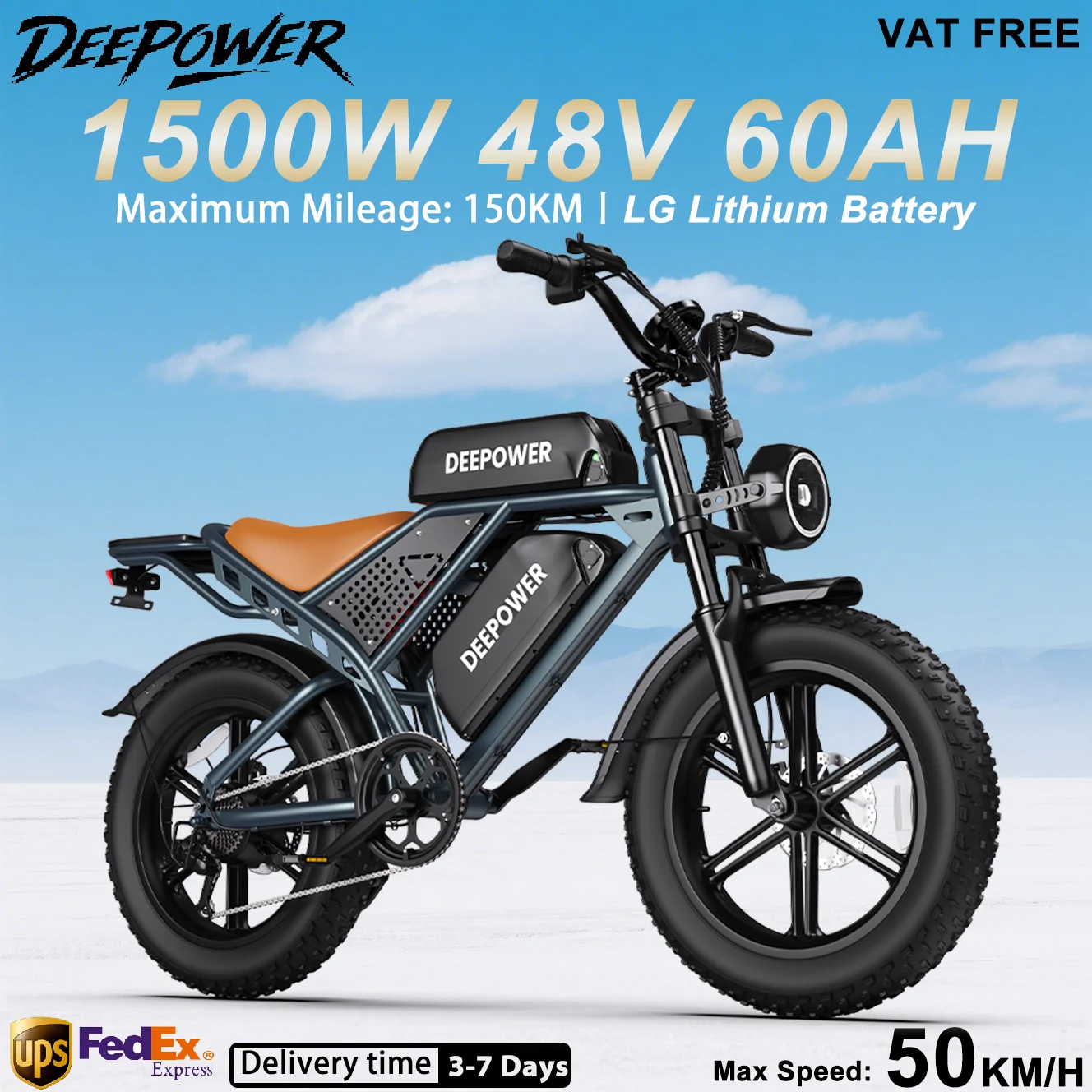 DEEPOWER QS7 Adult Electric Bike 1500W 48V 60Ah Dual Battery Off-Road Electric Bicycle 20 Inch Dual Suspension All-Terrain Ebike