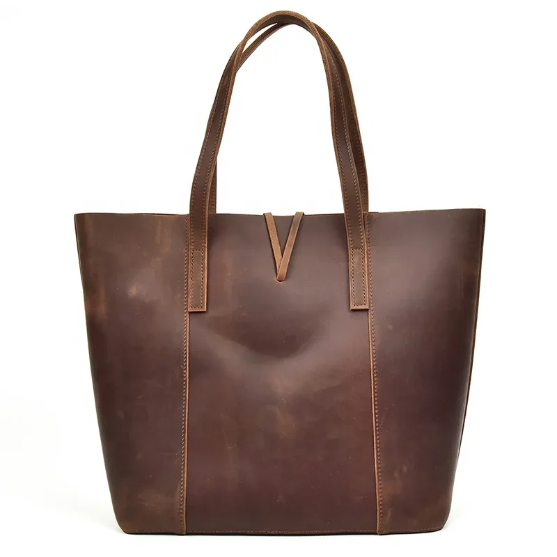 

New Arrival Simple Lady Stylish Brown Crazy Horse Leather Shoulder Tote Handbags With Small Bag