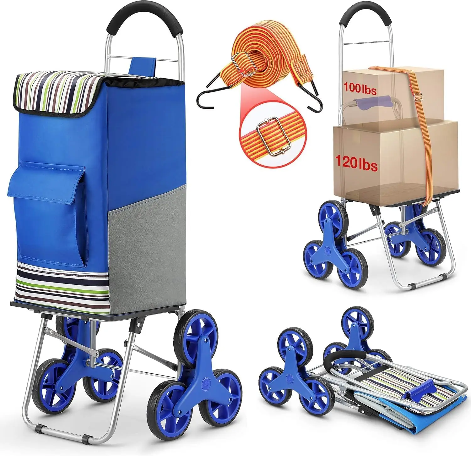 

Shopping Cart with Stair Climber Wheels, 220 lbs Capacity Foldable Trolley, Extra Large Grocery Bag and Adjustable Bungee Cord