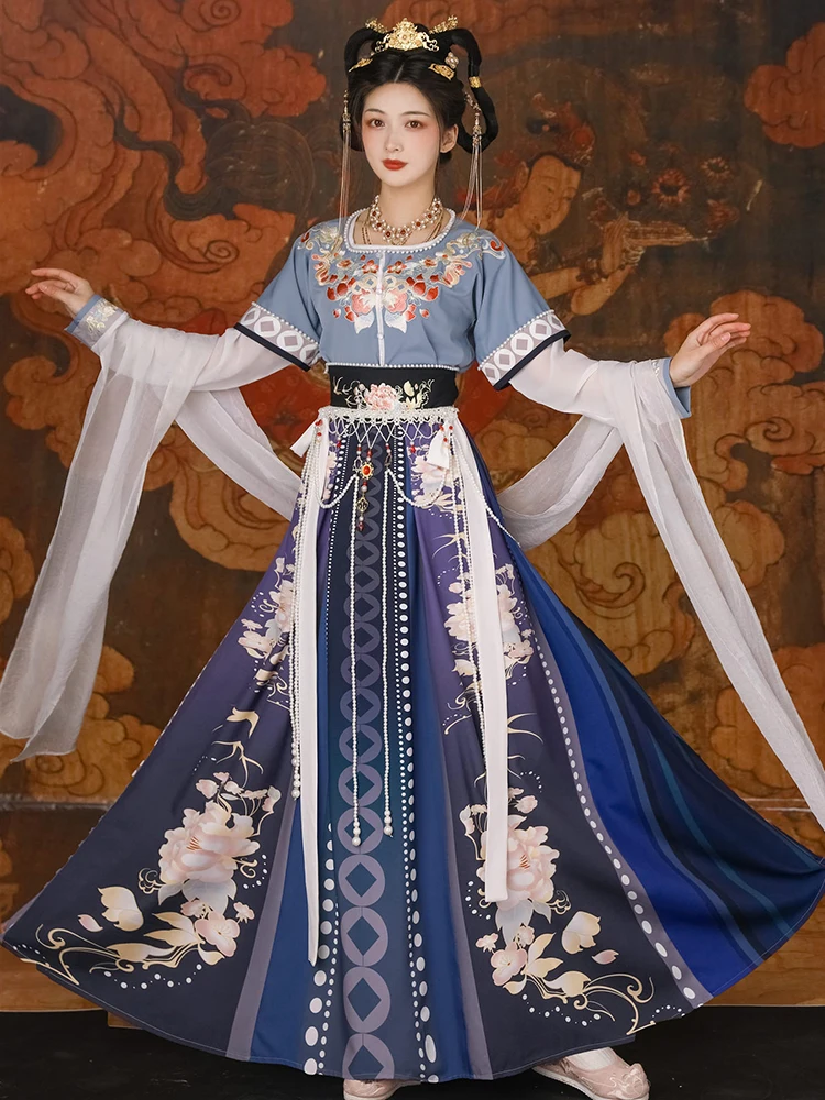 Yj32 hanfu weiblicher chinesischer stil original taillen langes dreiteiliges set täglich im dunhuang-stil frühling und sommer