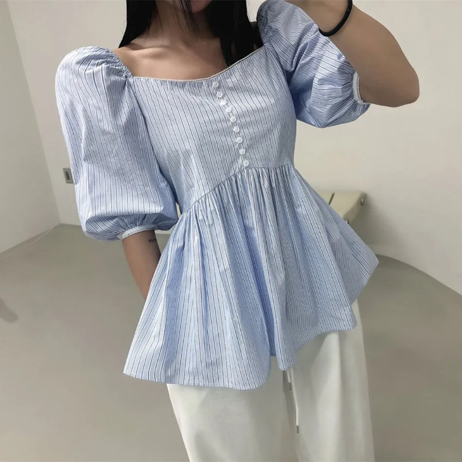 

Slimming Plaid Bubble Sleeve Shirt Women's Collar Waist Cinched Flared Hem Splice Cotton Business Casual High Waist Shirt