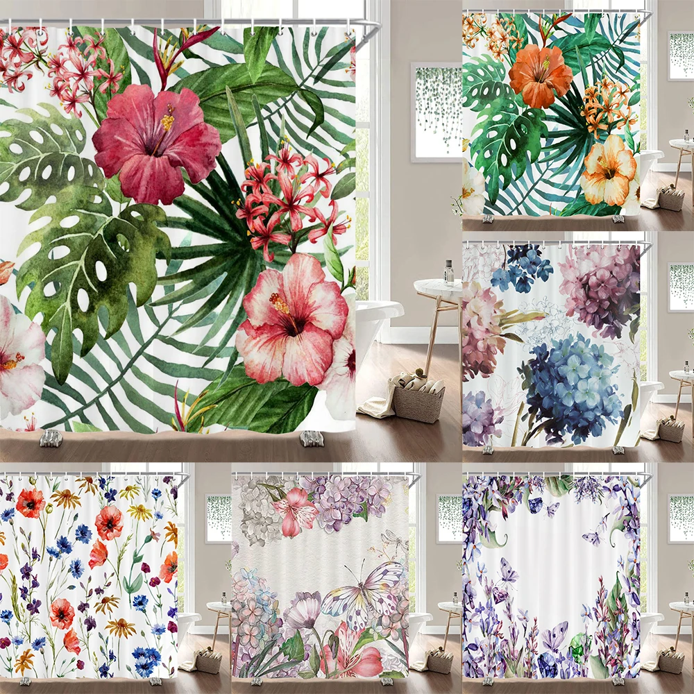 

Flower plant leaves printed Bathroom curtains shower curtain waterproof polyester fabric bath curtain for bathroom home decor