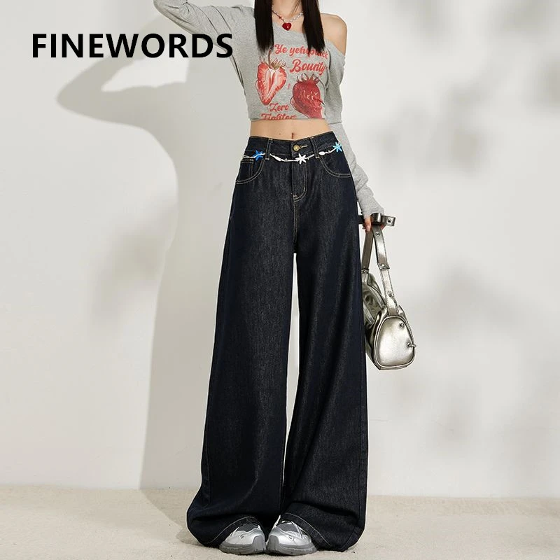 

Джинсы FINEWORDS с высокой талией, темным оттенком, широкими штанинами, для женщин, в стиле Y2K, уличная мода, свободные джинсовые брюки, модные брюки свободного кроя