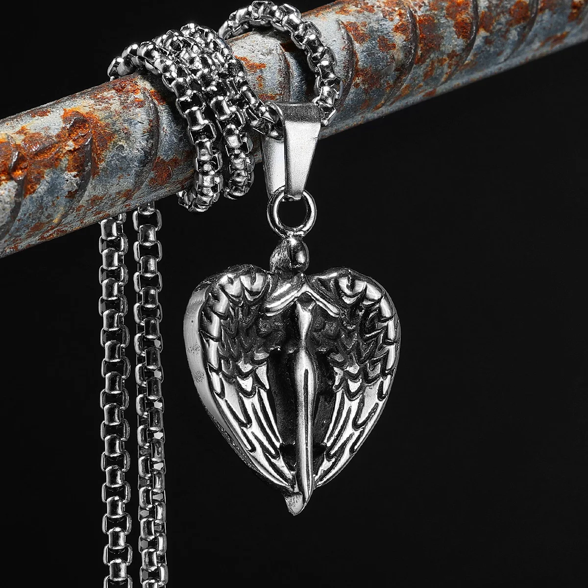 

Angel Wings Pendant Bless Heart Necklace 316L Stainless Steel Men Chain Hip Hop Rock Jewelry Xmas Gift for Friend Male Wholesale