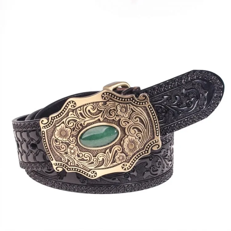 Vtge Hand etched Copper belt buckle with Jade 27/8\