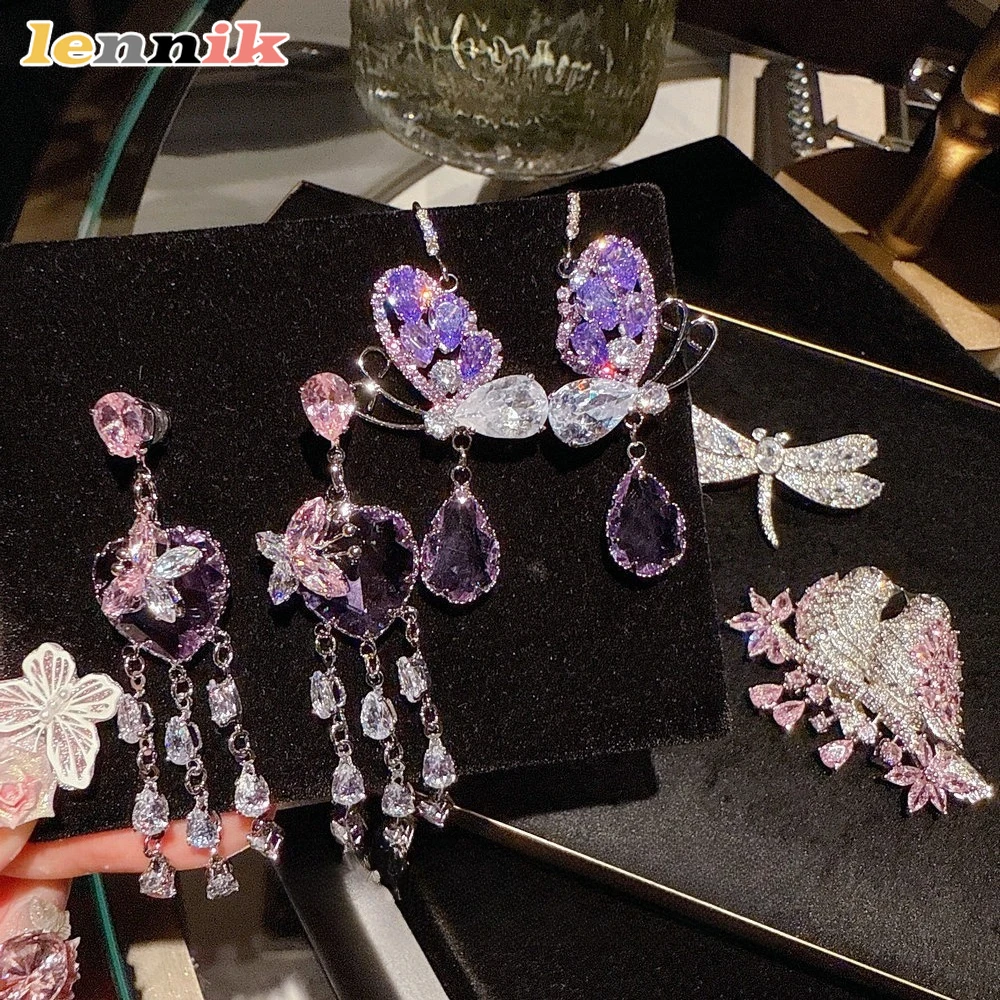 مجوهرات القزحية الأرجواني الفراشة جوهرة انخفاض الأقراط، مأدبة عالية مخصص، الأميرة الوردي الطيور تألق الماس بروش مجموعة #1