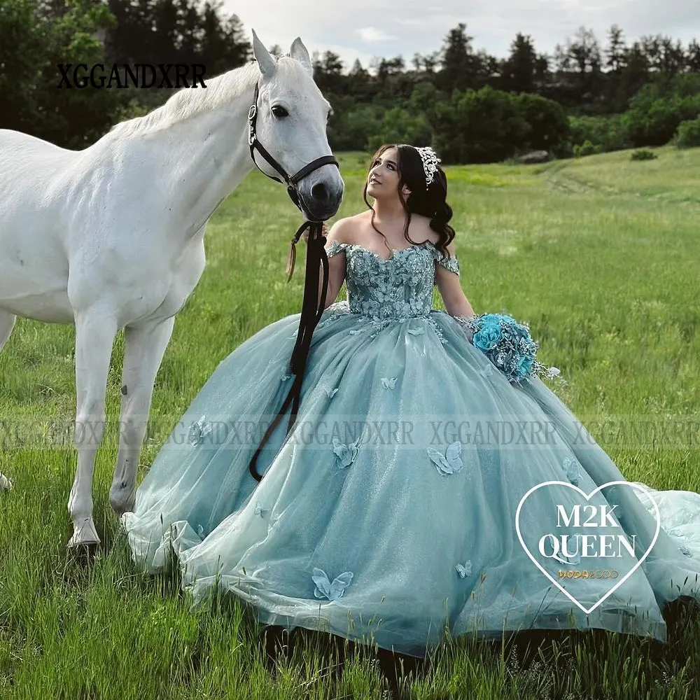 Vestido De baile azul para quinceañera, traje largo De encaje con apliques De princesa, 15 Años De mariposa, 2024