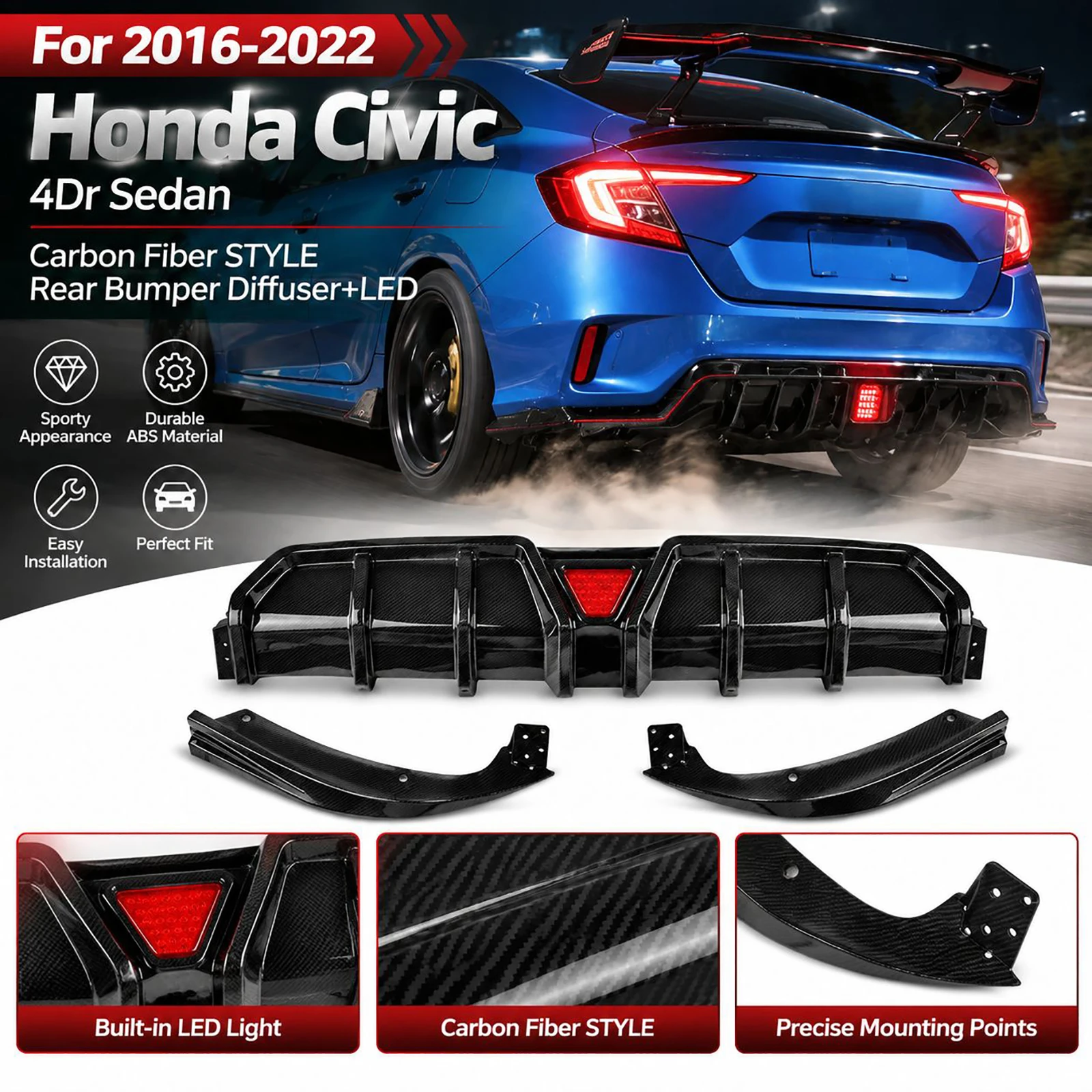 Rear Diffuser Splitter Lip with LED for Honda Civic 2016-2021 10th Gen Sedan Gloss Black