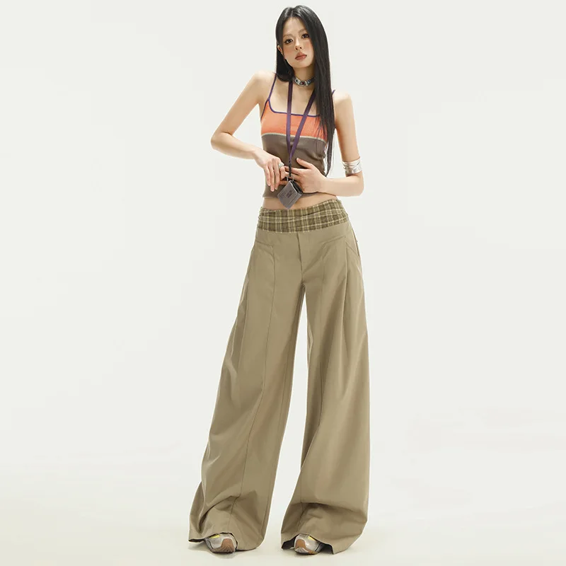 

Khaki plaid stitching casual pants women's 2025 summer design sense lazy suit wide legs high sense low waist pants
