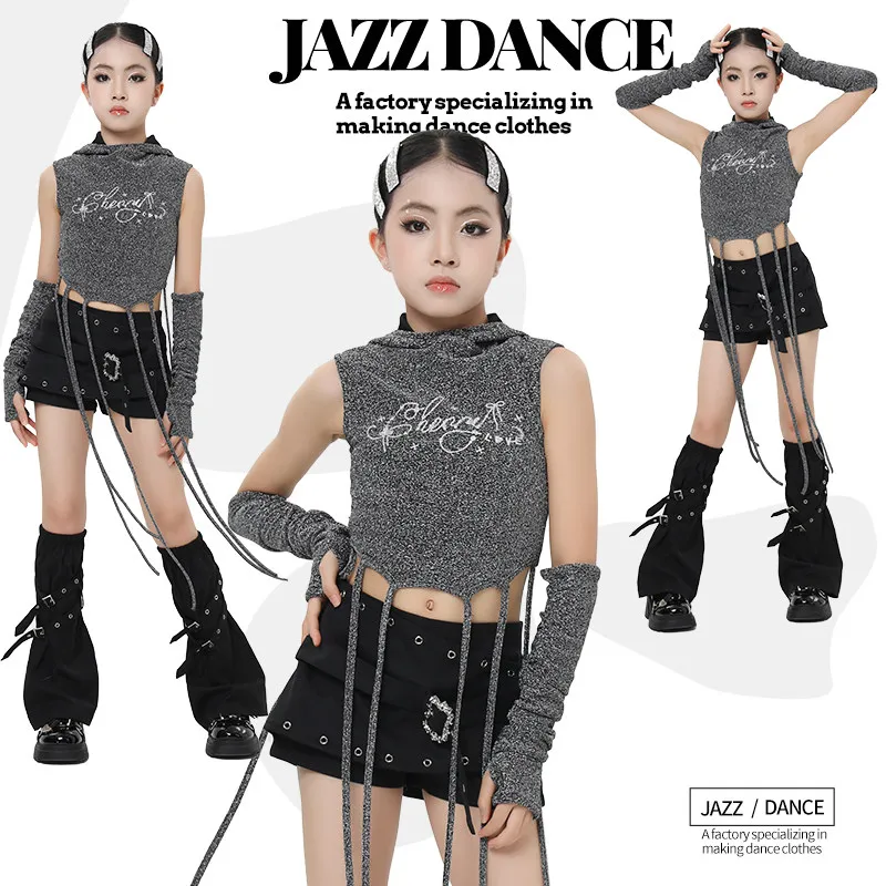 

Костюмы для джазовых танцев для девочек: серебристая толстовка с капюшоном и черные шорты, одежда для выступлений в стиле хип-хоп, для детских модных показов, DQS22707