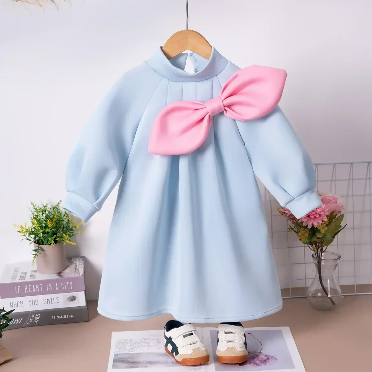 Toddler Girl New Girl\'s Dress Cute Big Bow Solid Color Long Sleeve Dress Fashionable Design Sense Daily and Party Wearing