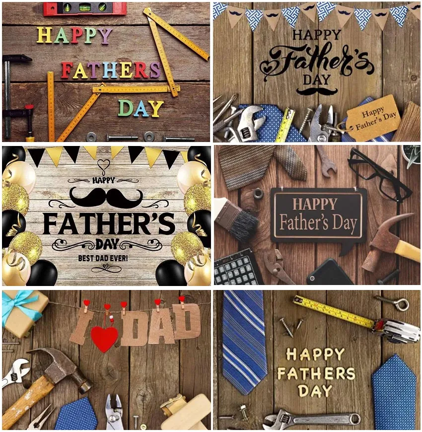 Wooden Floor Planks Backdrops For Happy Father's Day Party Decoration Tools Tie Beard Banner Studio Backgrounds Photo Booth